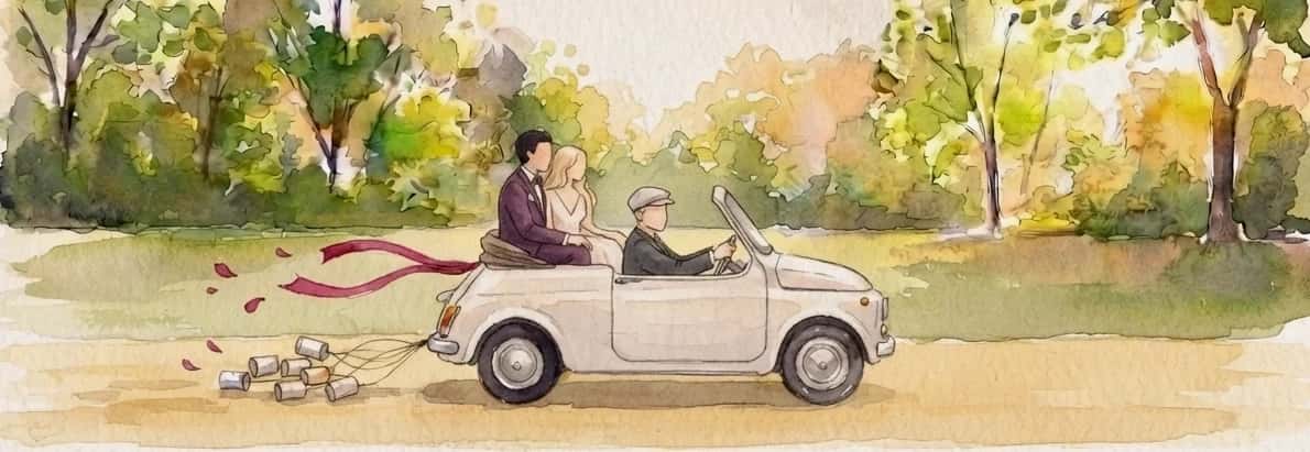 O carro dos recém-casados indo embora, com as latinhas e a fita arrastando atrás