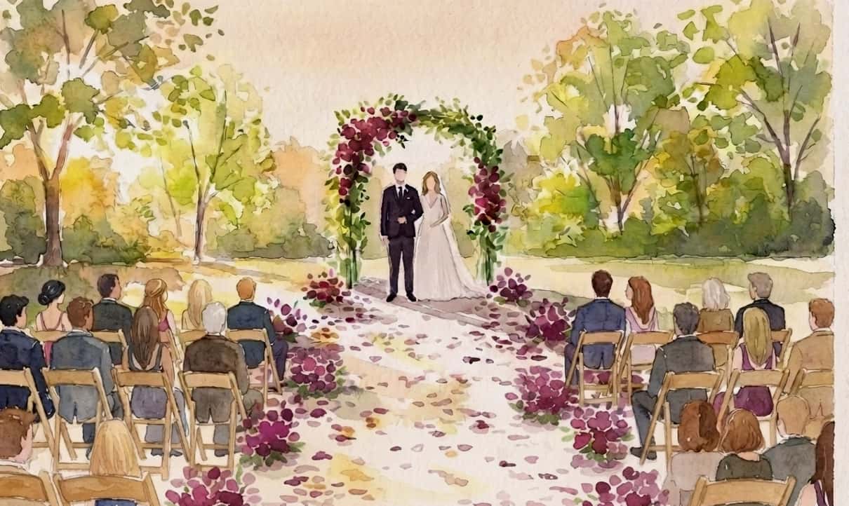 A cerimônia vista de quem está sentado nas cadeiras, com o casal ao longe sob um arco de flores